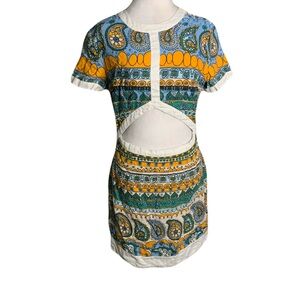 STAUD Womens 10 Blue & Orange Floral Print Linen Perla Cut Out Mini Dress